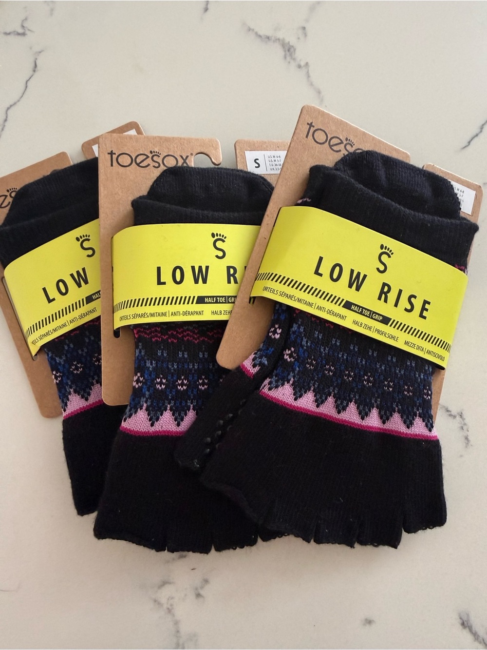 toesox Low Rise Grip Toe Socks in Black with Pink and Blue Fair Isle